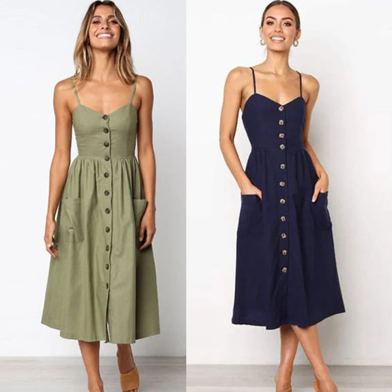 Summer Midi Women's Sling Backless Sleeveless Button Striped Dot Print Solid Beach Dress With Pockets Summer Midi Women's Sling Backless Sleeveless Button Striped Dot Print Solid Beach Dress With Pockets