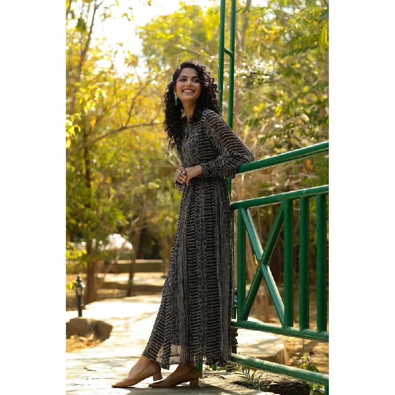 Juniper Black Alphin Chiffon Printed Flared Dress With Waist Tie-Up