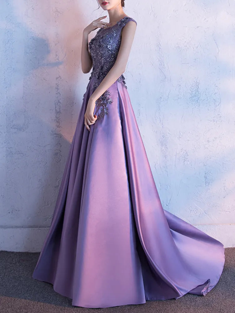 Temperament O-neck Embroidery Appliques Evening Dress Slim Waist Pleated Prom Dresses Sleeveless Elegant Wedding Party Vestidos Temperament O-neck Embroidery Appliques Evening Dress Slim Waist Pleated Prom Dresses Sleeveless Elegant Wedding Party Vestidos