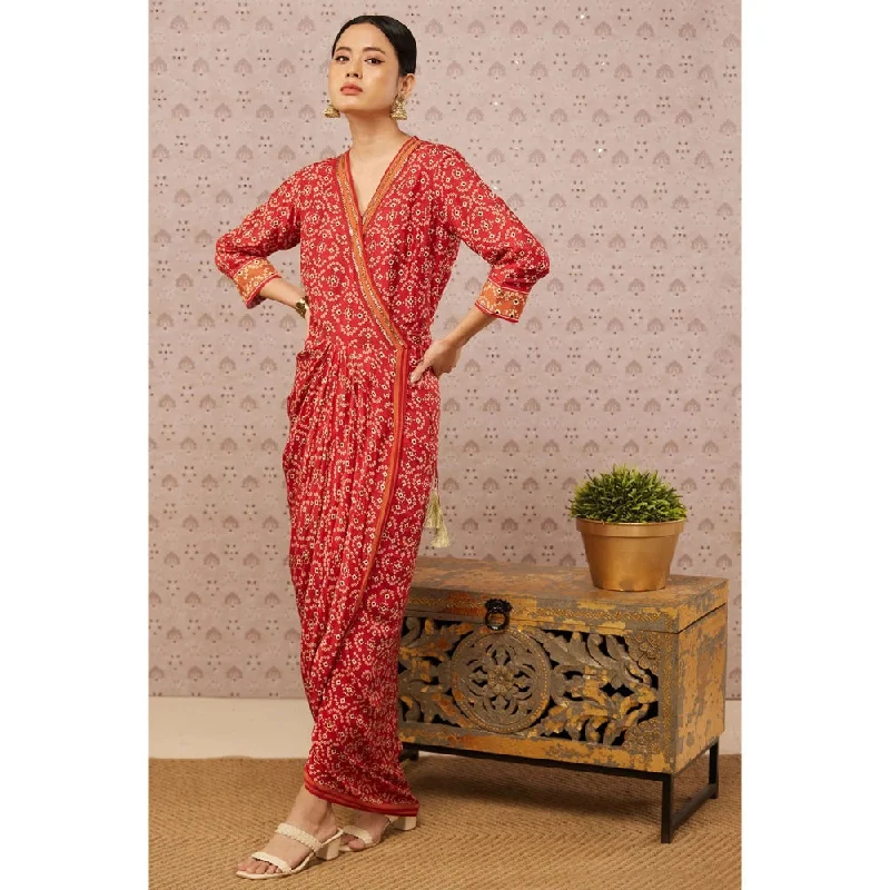 Soup by Sougat Paul Red Bandhej Printed Overlap Drape Dress
