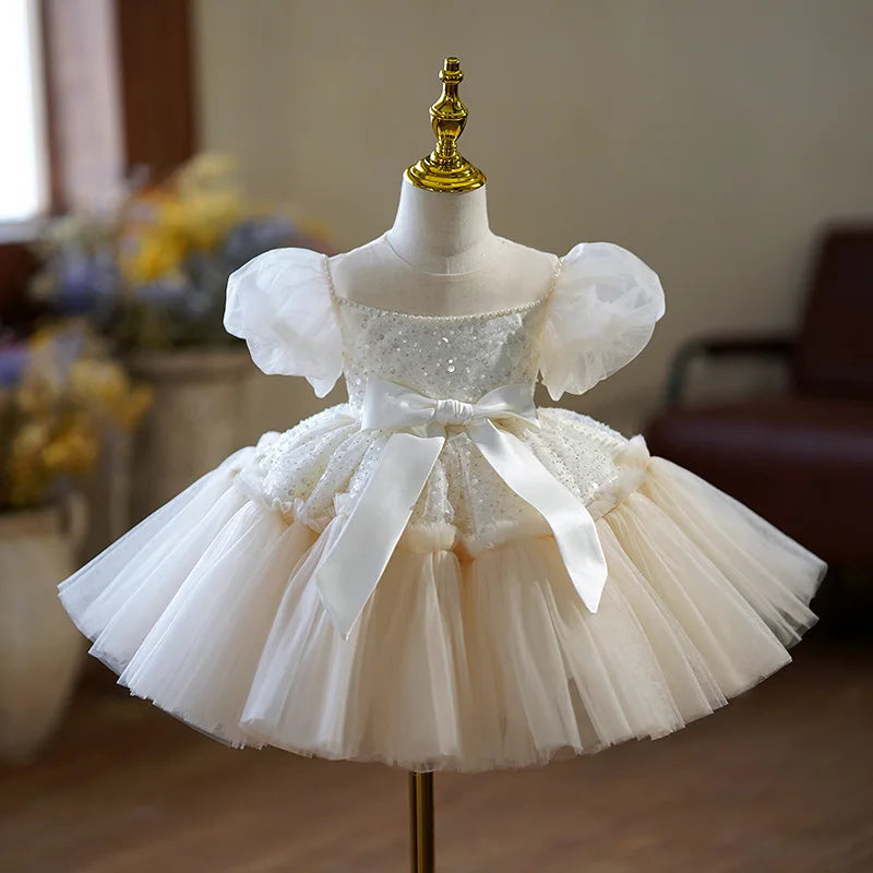 Sequined Pageant Dresses for Girl Evening Dress O-neck Puff Sleeve Mesh Pactwork Flower Gowns Tiered Ball Gown Princess Vestidos Sequined Pageant Dresses for Girl Evening Dress O-neck Puff Sleeve Mesh Pactwork Flower Gowns Tiered Ball Gown Princess Vestidos