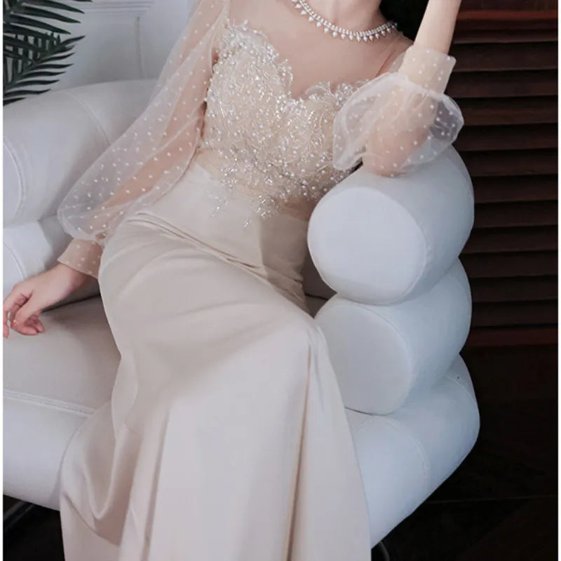Temperament Elegant Appliques O-neck Beading Evening Dress Full Sleeve Mesh Patchwork Wedding Party Vestidos Slim Prom Dresses Temperament Elegant Appliques O-neck Beading Evening Dress Full Sleeve Mesh Patchwork Wedding Party Vestidos Slim Prom Dresses