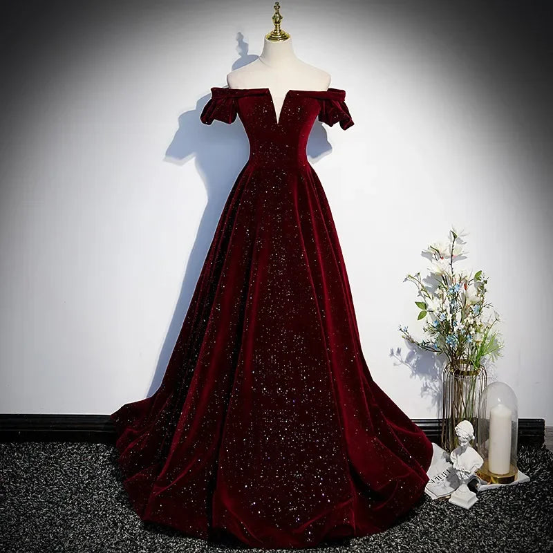 One-shoulder Wine Red Velvet Evening Dress Female Slim Waist Temperament Slim Waist Wedding Party Vestidos Elegant Prom Dresses One-shoulder Wine Red Velvet Evening Dress Female Slim Waist Temperament Slim Waist Wedding Party Vestidos Elegant Prom Dresses