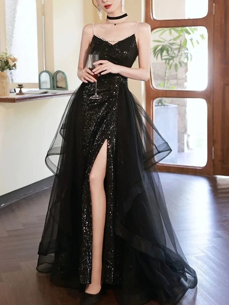 Luxury Shinny Squined Sling Wedding Party Vestidos Sexy Elegant Temperament Prom Dress Split Mesh Tiered Simple Evening Dresses