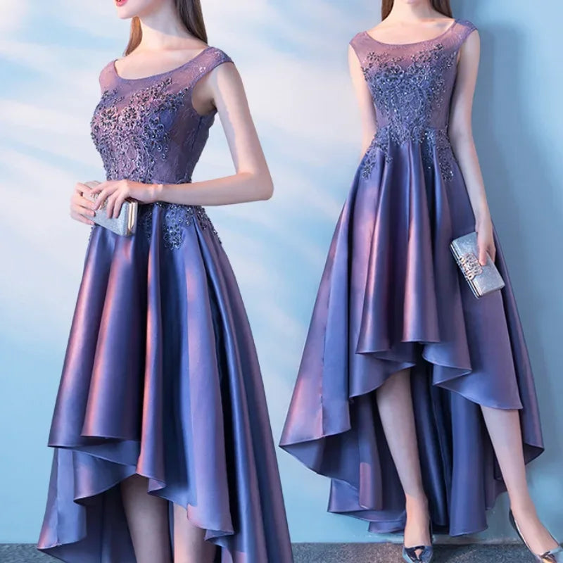 Solid Elegant Slim Fit Evening Dresses Niche O-neck Front Short Back Long Design Prom Vestidos Appliques Sleevess Formal Dress