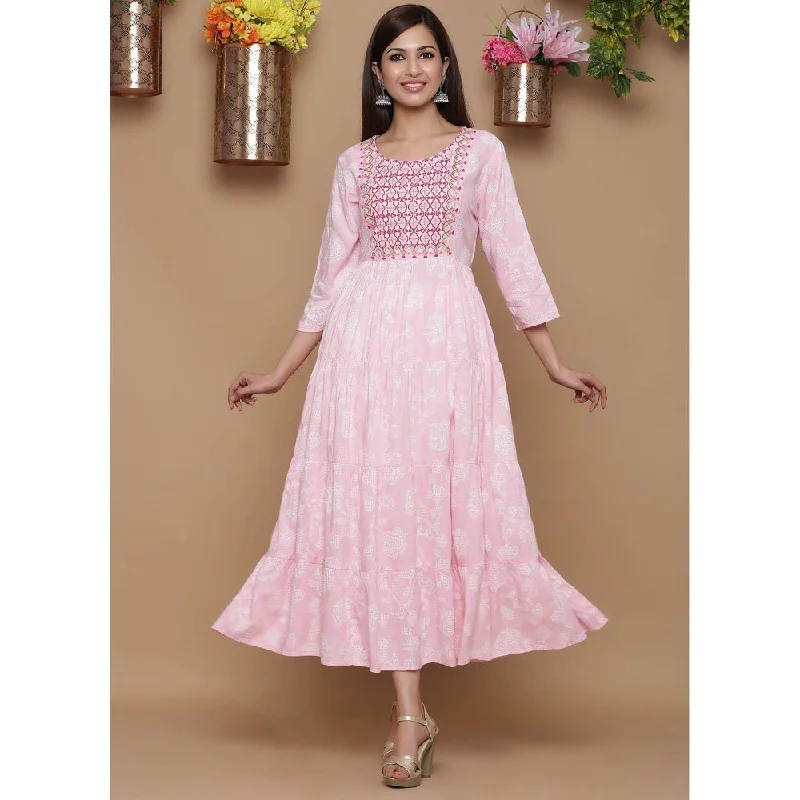 Juniper Baby Pink Rayon Embroidered Tiered Ethnic Dress