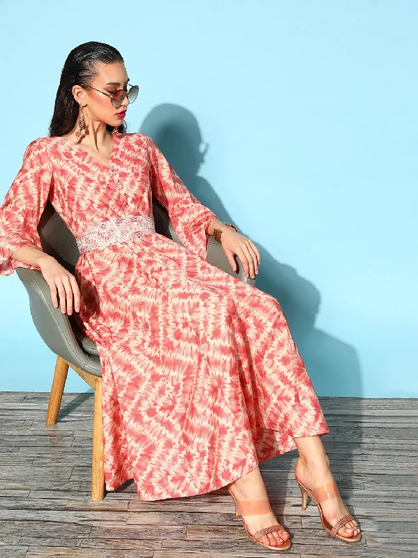 Peach & Off White Printed Dress