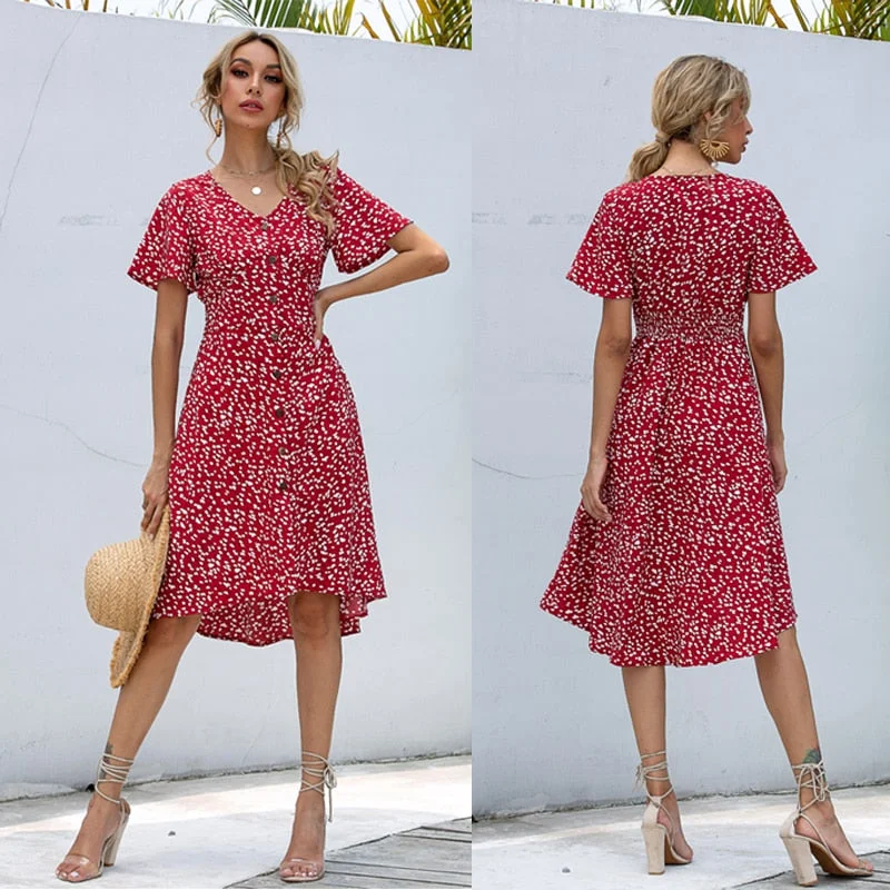 Summer Midi V-Neck Printed Single Row Buttons Irregular Slim High Waist Casual Holiday Dress Summer Midi V-Neck Printed Single Row Buttons Irregular Slim High Waist Casual Holiday Dress