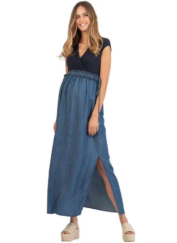 Long Empire Waist Maternity & Nursing Dress in Tencel with Elastic Band