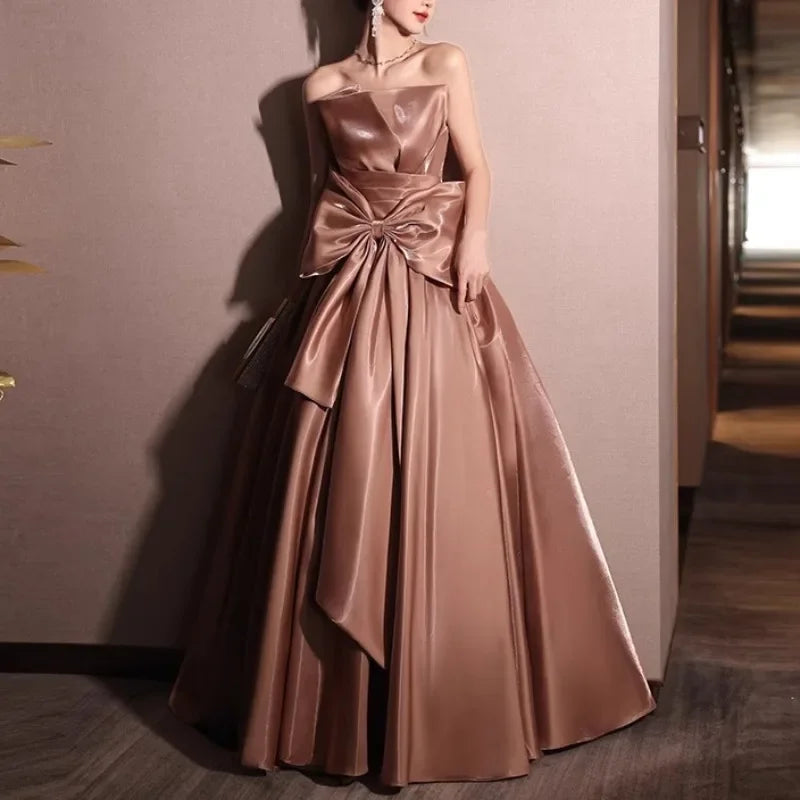 Satin Slim Waist Strapless Elegant Evening Dresses Bow Design Pleated Temprament Wedding Party A-line Solid Vestidos Prom Dress Satin Slim Waist Strapless Elegant Evening Dresses Bow Design Pleated Temprament Wedding Party A-line Solid Vestidos Prom Dress