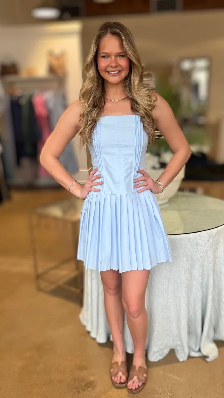 Blue Tie shoulder Pleated dress