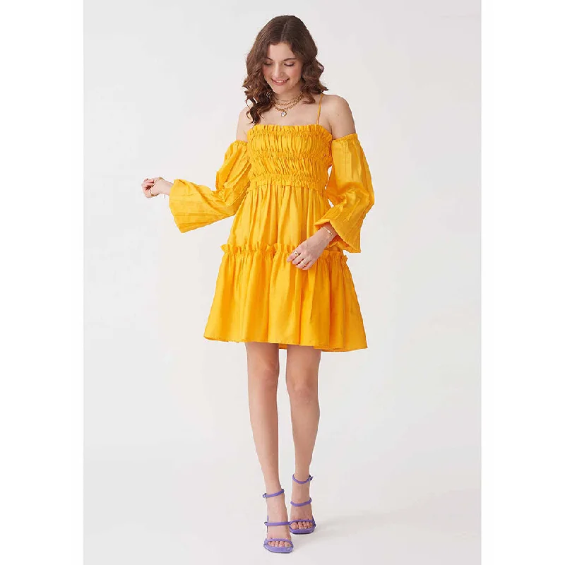 AMOSHI Yellow Solid/Plain Dita Dress with Detachable Pair Sleeves (Set of 2)