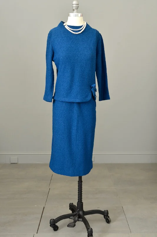 1950s Blue Textured Knit Top Sweater Skirt Set Boxy Sweater Fitted Sweater A-Line