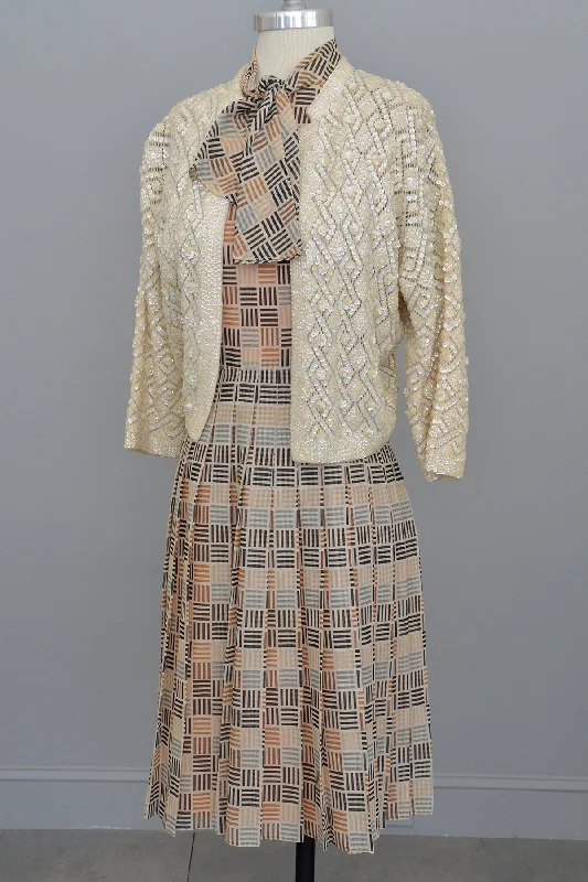 Retro 1950s Cream Geometric Knit Wool Sparkly Sequin Sweater Slim Fit Regular Fit Oversized