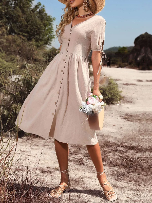 DressBetty - Women Vintage Holiday V Neck Buttons High Waist A-Line Casual Dress Tunics Trousers formal
