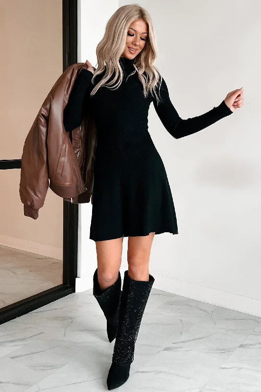 Always On Your Mind Turtleneck Sweater Dress (Black) Ribbed Striped Patterned