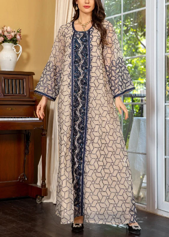 Art Grey O Neck Sequins Patchwork Tulle Long Dress Fall QL018 Tunics Satin smooth