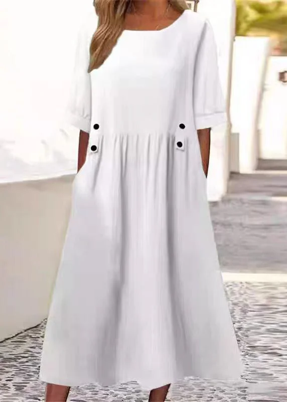 Art White O Neck Pockets Solid Cotton Long Dress Summer QA027 Tunics Brand named
