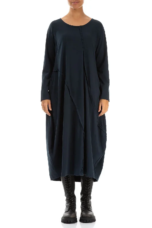 Asymmetric Seams Midnight Blue Cotton Dress Tunics Practical easy-care