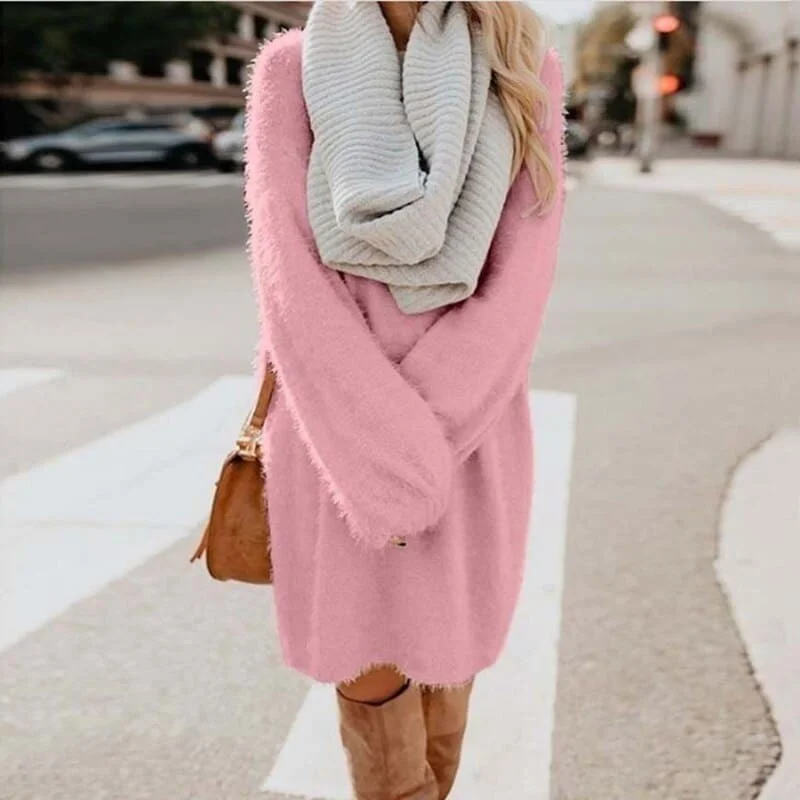 DressBetty - Long Sleeve Casual Fluffy Sweater Dress Welt Pockets Slit Pockets Flap Pockets DressBetty - Long Sleeve Casual Fluffy Sweater Dress Welt Pockets Slit Pockets Flap Pockets