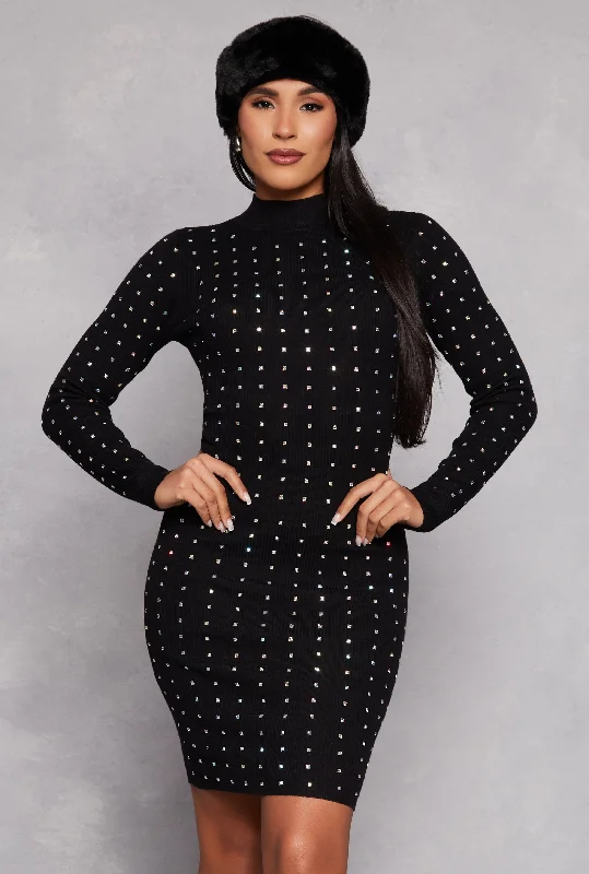 Almost Famous Rhinestone Studded Sweater Dress Collared Crew Neck Turtle Neck
