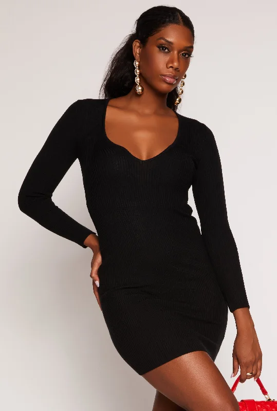 Ribbed Knit Long Sleeve Sweater Dress Elasticated Padded Insulated