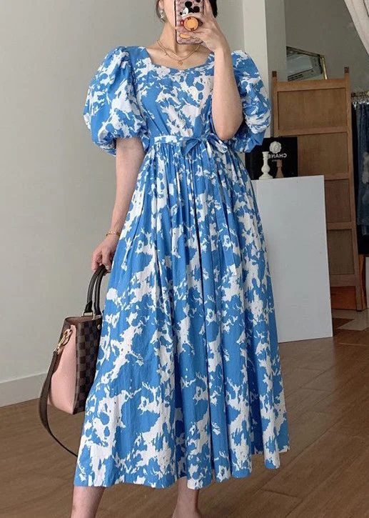 Blue Tie Waist Cotton Long Dresses Square Collar Puff Sleeve QP007 Tunics New arrival