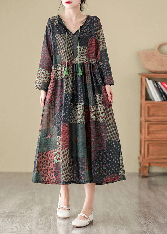 Bohemian V Neck Print Patchwork Cotton Long Dress Fall QO043 Tunics Top rated