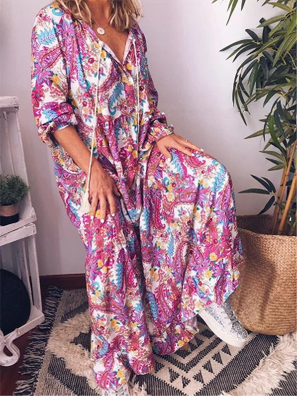 Bohemian Casual Loose Floral Long Dress Tunics Bridal satin