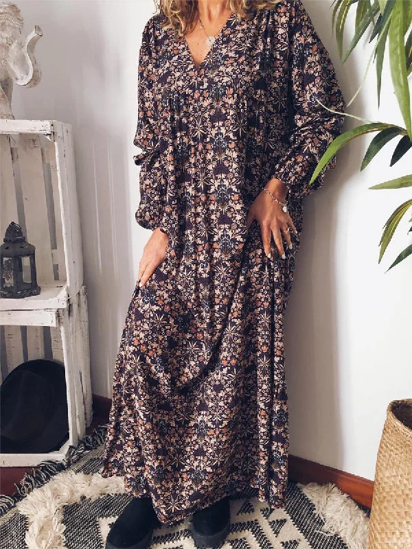 Bohemian Retro Casual Loose Floral Long Dress Tunics Prom sequined