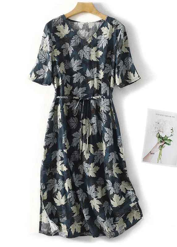 Boho Blue V Neck Print Tie Waist Cotton Dress Summer AM1043 Tunics Canvas sturdy