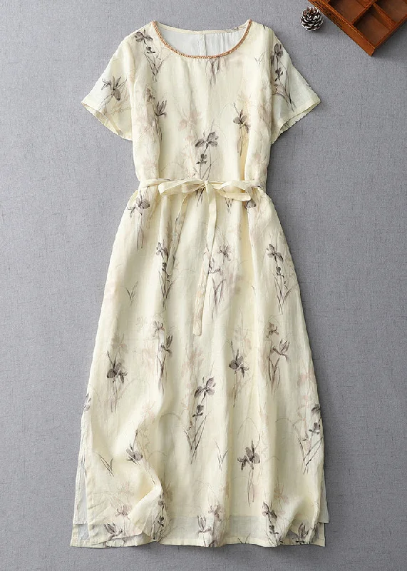 Boutique Apricot O-Neck Print Tie Waist Cotton Dress Summer AM1044 Tunics Fleece cozy