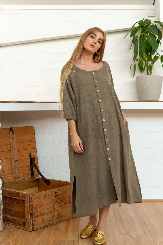 Buttoned Tie Long Dress Pomegranate/Iron Tunics Practical easy-care