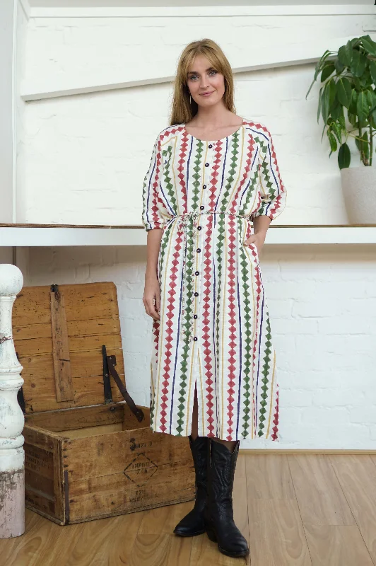 Buttoned Tie Long Dress Diamond Print Tunics Sophisticated sleek