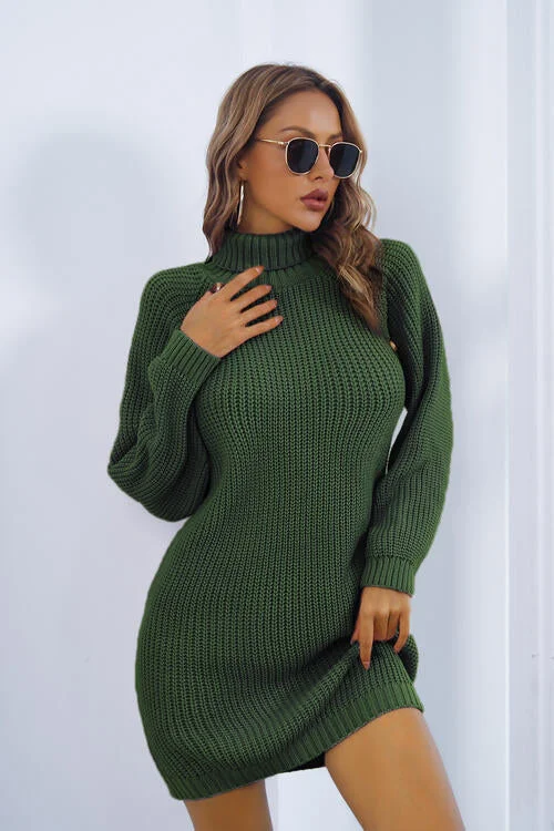 Buttoned Turtleneck Long Sleeve Sweater Dress Solid Color Striped Floral Print