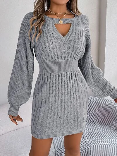 Cable-Knit Cutout Round Neck Slit Long Sleeve Sweater Dress Spandex Blend Rayon Blend Denim Blend
