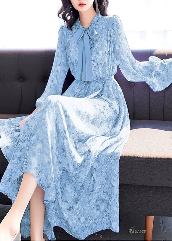 Chic Blue Bow Print High Waist Chiffon Long Dress Fall QR043 Tunics Seasonal trendy