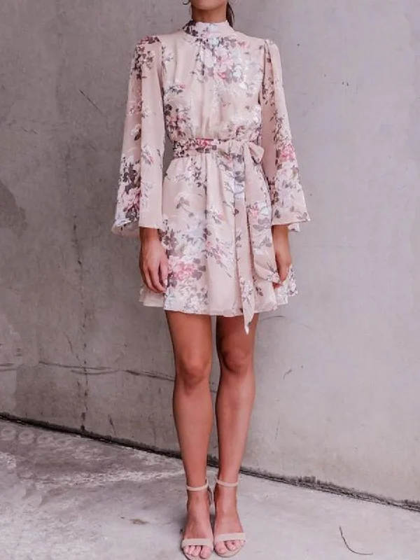 Chiffon Dress was Thin Tight Waist Sexy Backless A-Line Skirt Crew Neckline Sporty