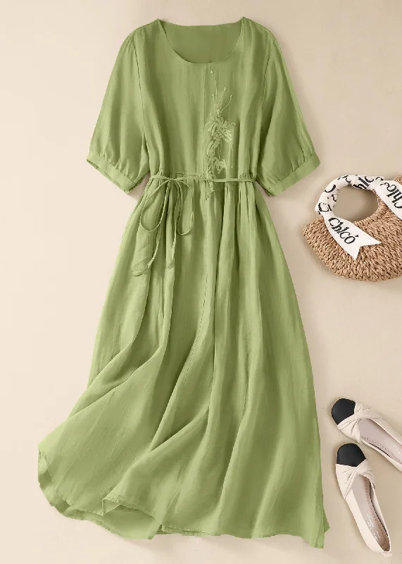 Chinese Style Green O-Neck Embroidered Tie Waist Cotton Dresses Summer AM1047 Tunics Velvet soft