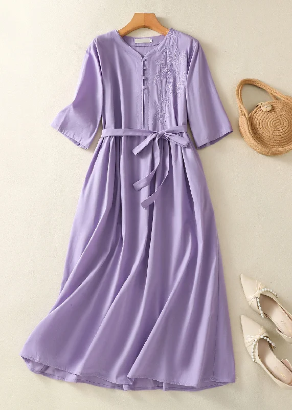 Chinese Style Light Purple Embroidered Tie Waist Cotton Dress Summer AM1051 Tunics Silk luxurious