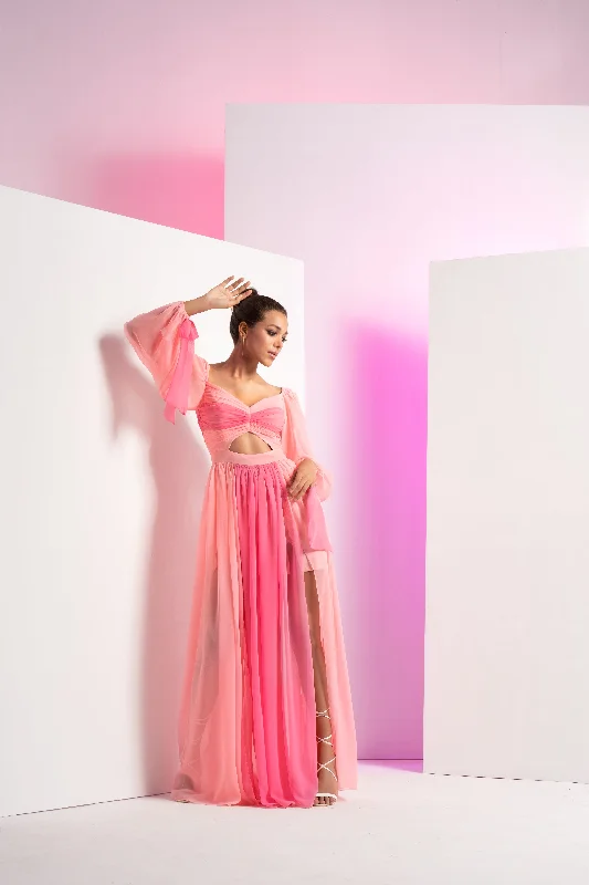 Fondant pink long dress with sleeve tie-up and front slit in skirt Tunics Lace romantic Fondant pink long dress with sleeve tie-up and front slit in skirt Tunics Lace romantic