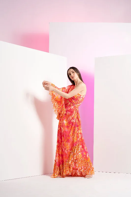 Pink twisted femme asymmetric full length dress with stylized ring at waist Tunics Silk luxurious Pink twisted femme asymmetric full length dress with stylized ring at waist Tunics Silk luxurious