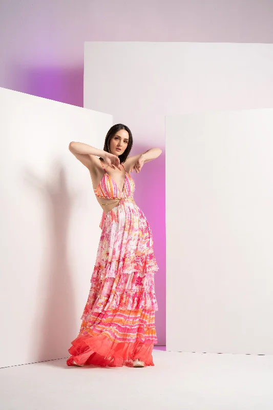 Pink fancy fusion full length dress with stylized chain at waist and tie up back Tunics Canvas sturdy