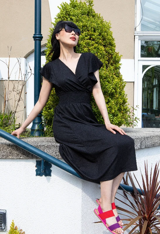 Crinkle Smocking Waistband Dress Crew Neckline Casual