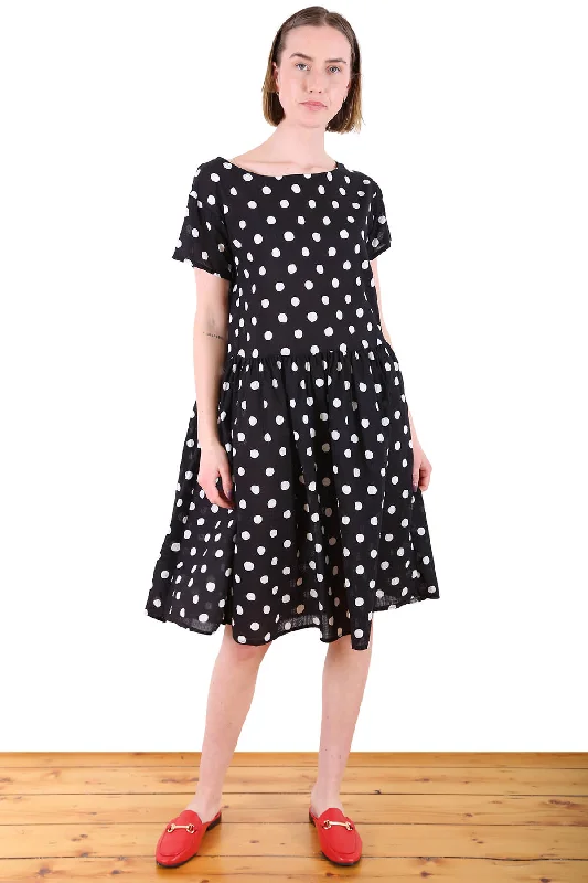 Cyan Spot Drop Waist Dress Black in Seersucker Tunics Chic elegant