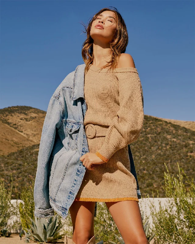 Dennis Off The Shoulder Mini Sweater Dress Mesh Fabric Canvas Fabric Denim Fabric