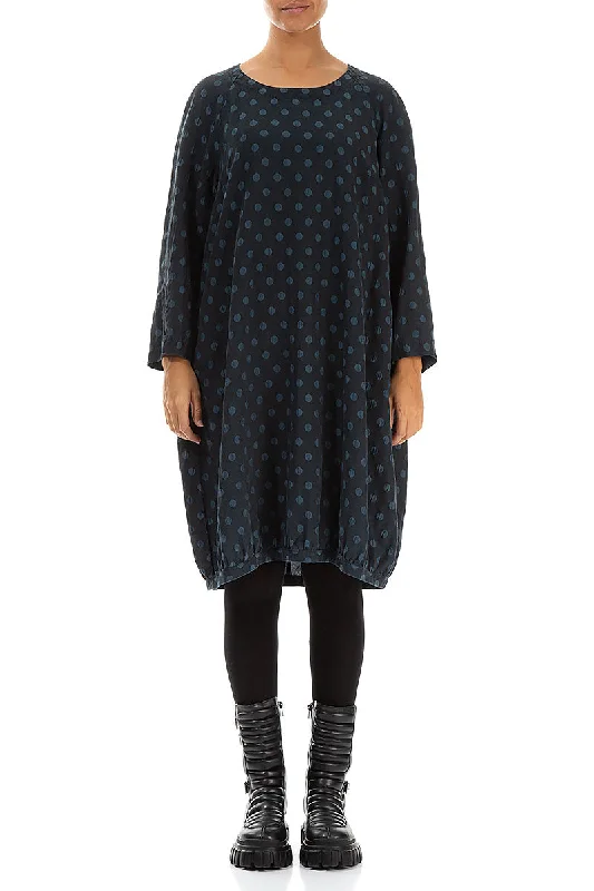 Dotty Midnight Blue Balloon Silk Dress Turtleneck Warm Winter