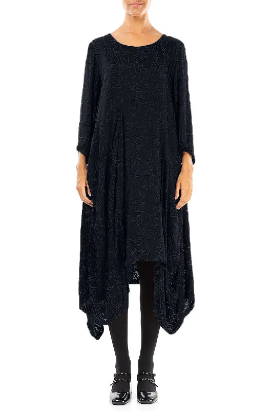 Draped Midnight Blue Devoré Feather Silk Dress Tunics Winter warm