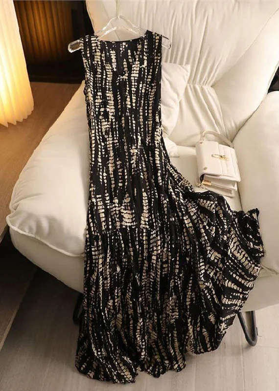 Elegant Black V Neck Wrinkled Cotton Long Dress Sleeveless QP058 Tunics Stylish modern