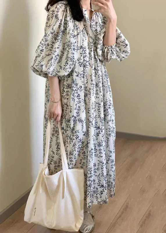 Elegant Button Print Tie Waist Cotton Long Dress Summer QP057 Tunics Chic elegant